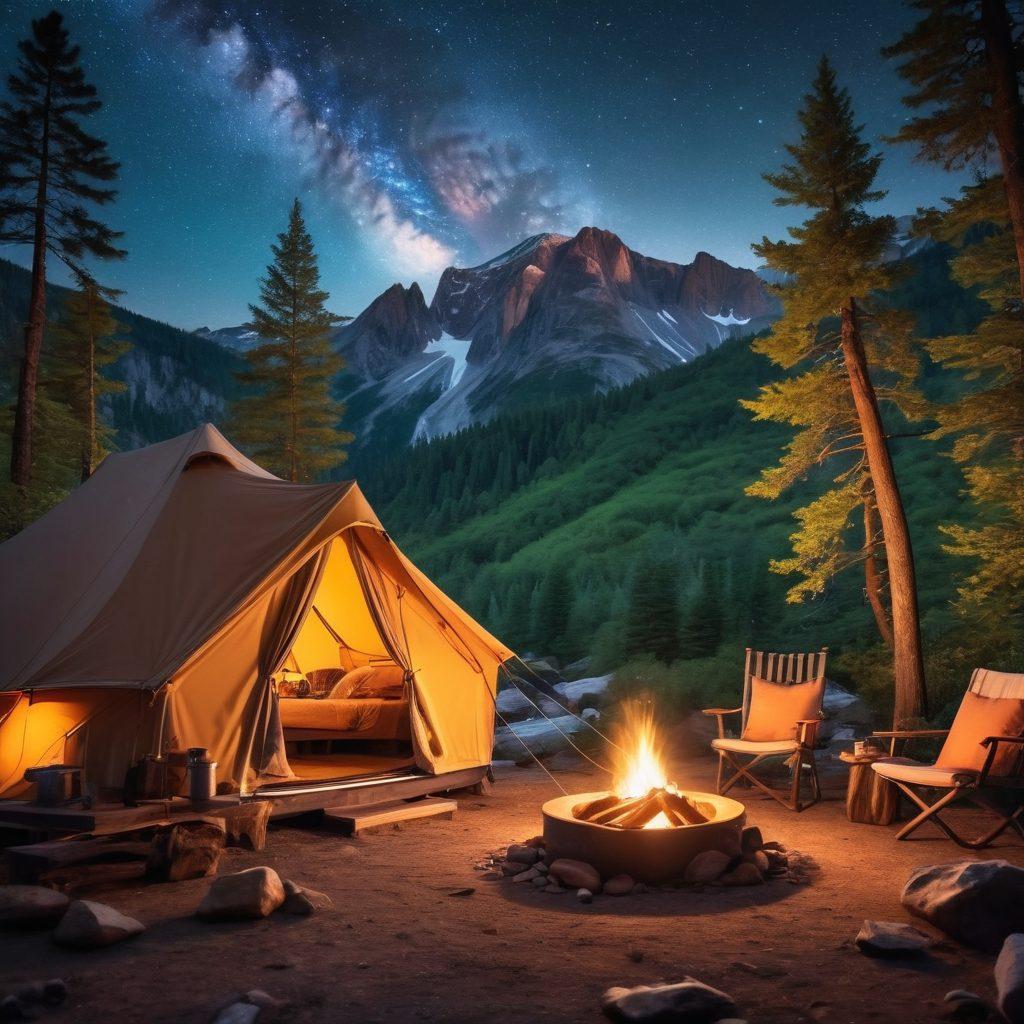 A breathtaking landscape showcasing a luxurious glamping tent set against a backdrop of towering mountains and lush forests, with a cozy campfire in the foreground. Include a starry night sky overhead, creating a contrast between comfort and the wilderness. Add elements like hiking gear and a backpack beside the tent to symbolize adventure. super-realistic. vibrant colors. cinematic style.