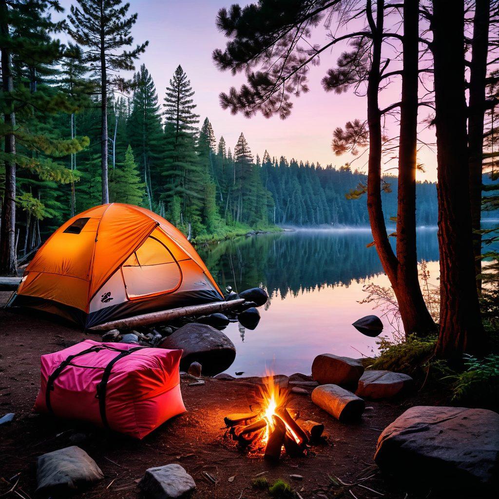 A serene campsite nestled among tall pine trees, with a cozy tent, a crackling campfire, and a picturesque lake reflecting the sunset. Include essential camping gear like backpacks, fishing rods, and a picnic setup, enhancing the sense of adventure. Add playful wildlife such as deer or birds to give life to the scene. super-realistic. vibrant colors. nature-inspired.