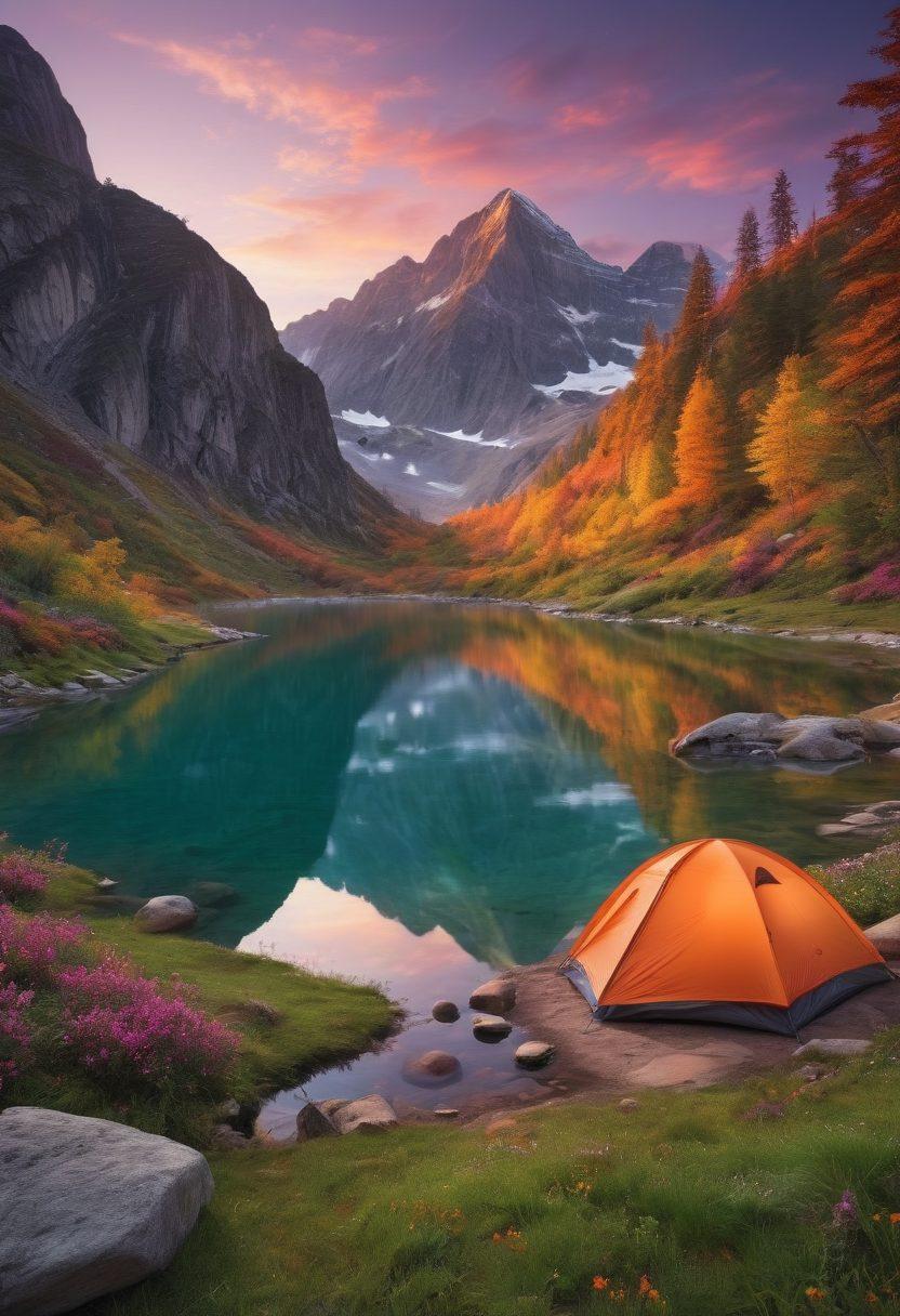 A breathtaking view of a serene campsite nestled amidst towering mountains at sunrise, with a cozy tent, crackling campfire, and lush green trees surrounding. Include a tranquil lake reflecting the vibrant hues of the sky and adventurous hikers in the background. Encourage a sense of exploration and tranquility. super-realistic. vibrant colors. 3D.